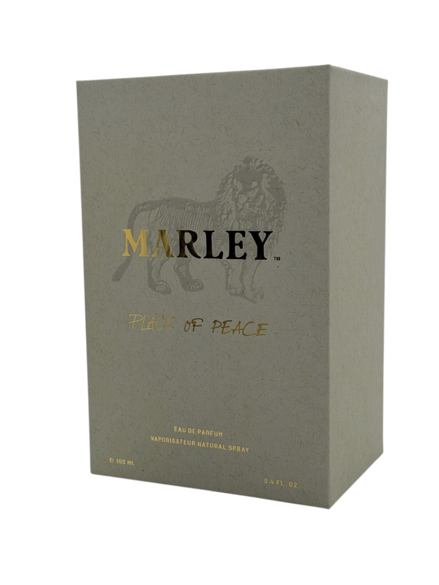 Paradime Enterprise LLC Marley Place of Peace unisex eau de parfum spray in a textured grey box with gold lettering.