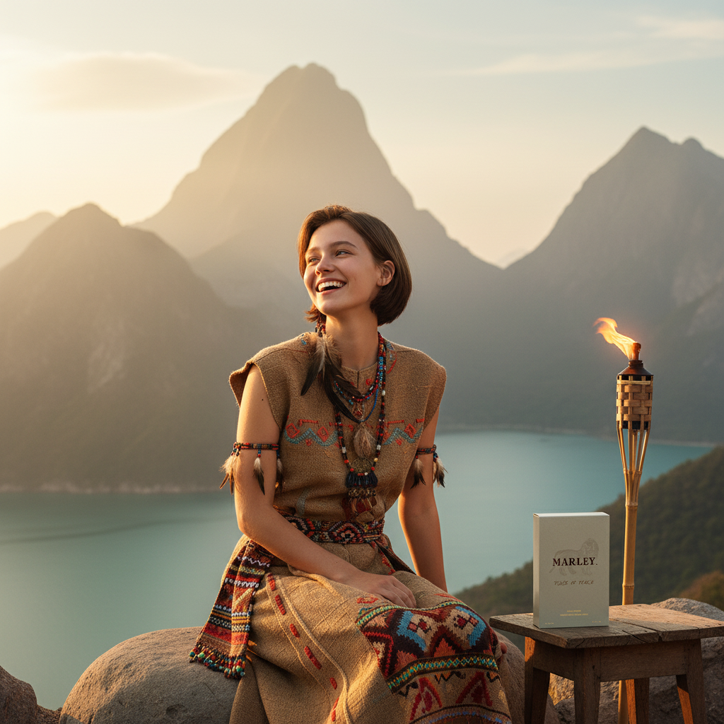 Paradime Enterprise LLC Marley Place of Peace unisex perfume bottle next to a woman in rustic attire by a mountain lake