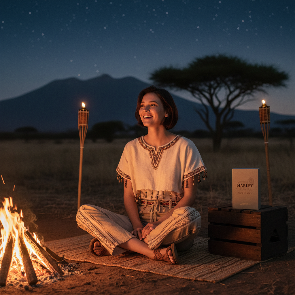 Paradime Enterprise LLC Marley Place of Peace perfume bottle beside a woman sitting by a campfire under a starry sky