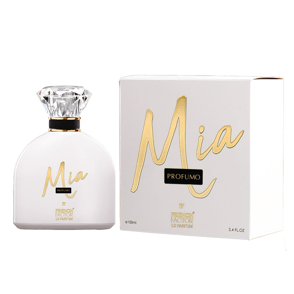 Paradime Enterprise LLC French Factor Mia Profumo Le Parfum 100ml bottle and white box with gold lettering