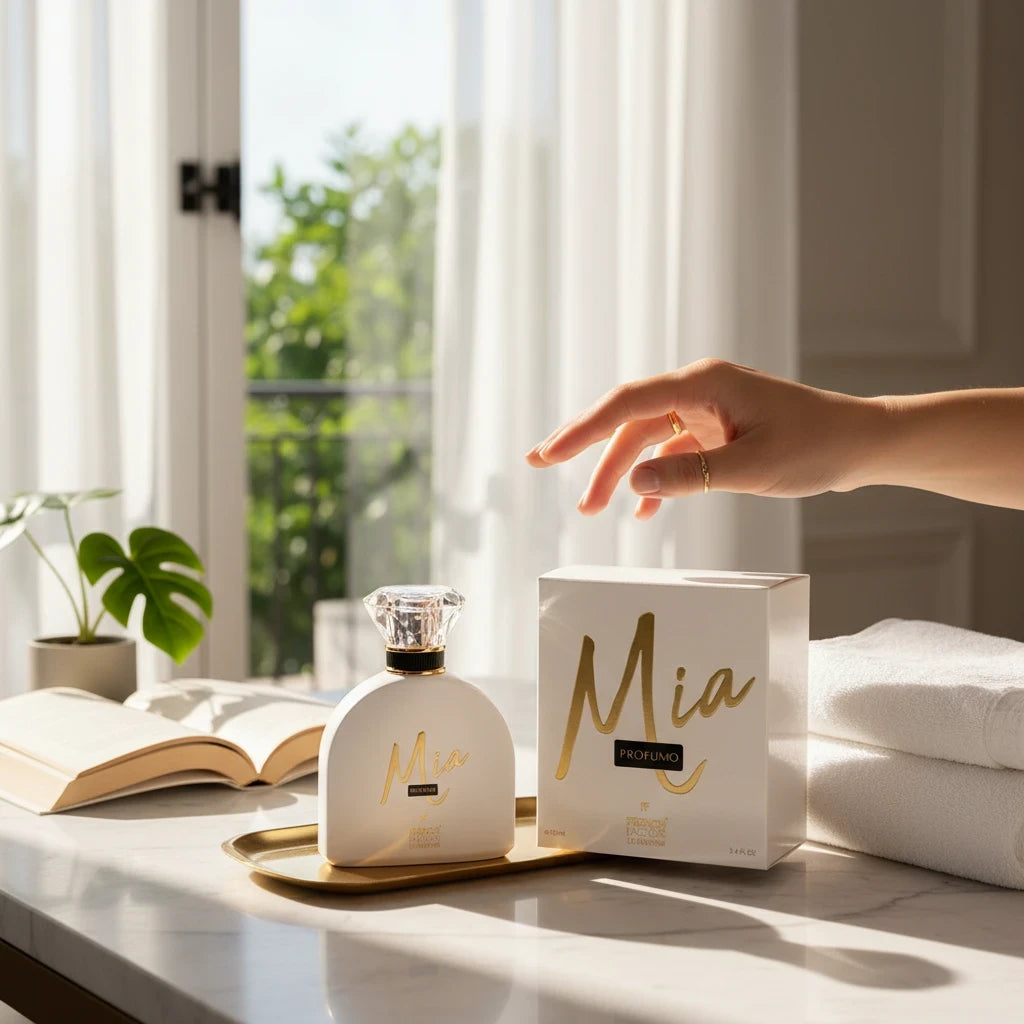 Paradime Enterprise LLC French Factor Mia Profumo Le Parfum bottle and box on a tray with a hand reaching towards it