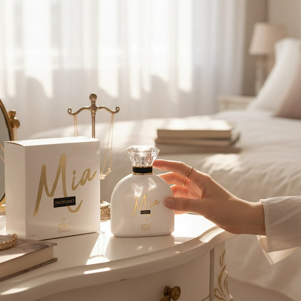 Paradime Enterprise LLC French Factor Mia Profumo Le Parfum bottle and box on a white vanity in a sunlit bedroom