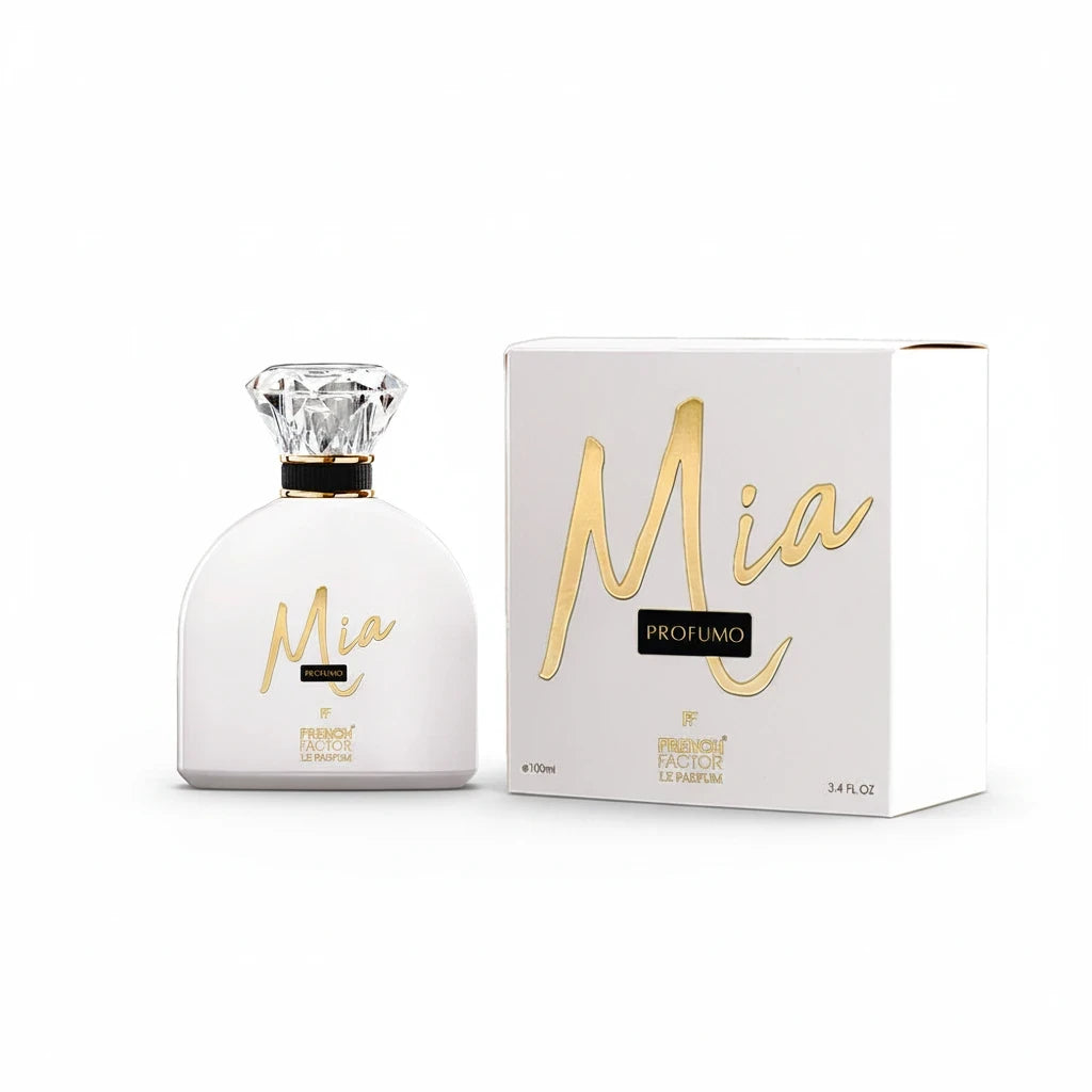 Paradime Enterprise LLC French Factor Mia Profumo Le Parfum 100ml bottle and white box with gold lettering