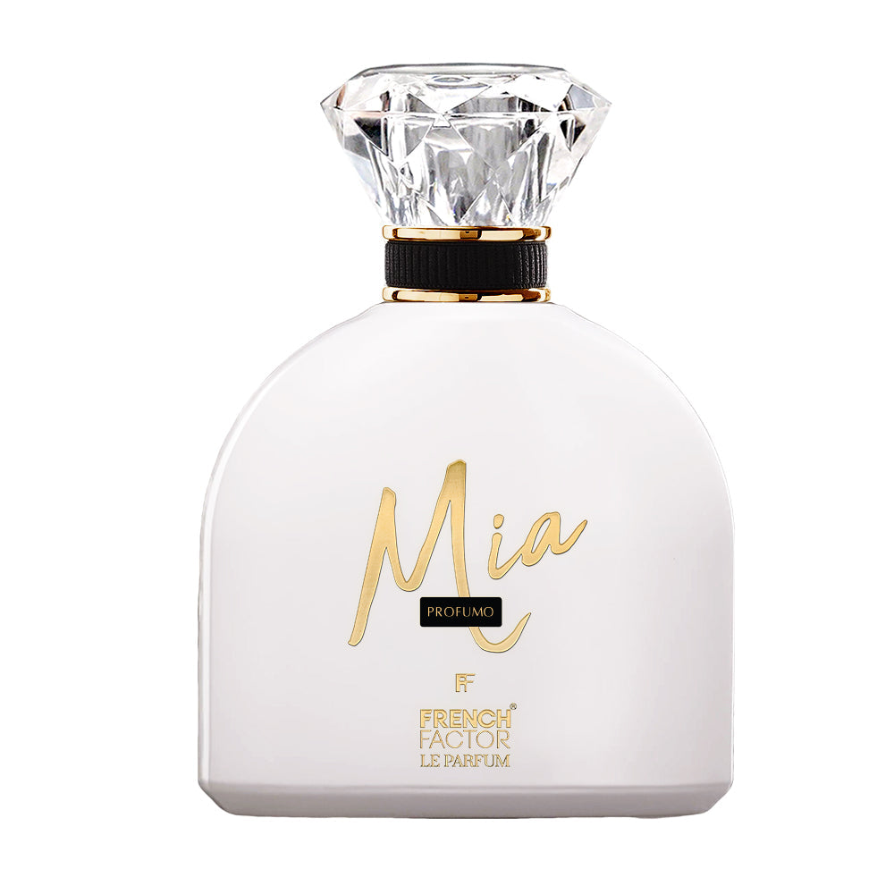 Paradime Enterprise LLC French Factor Mia Profumo Le Parfum in a white bottle with a diamond-shaped crystal cap.