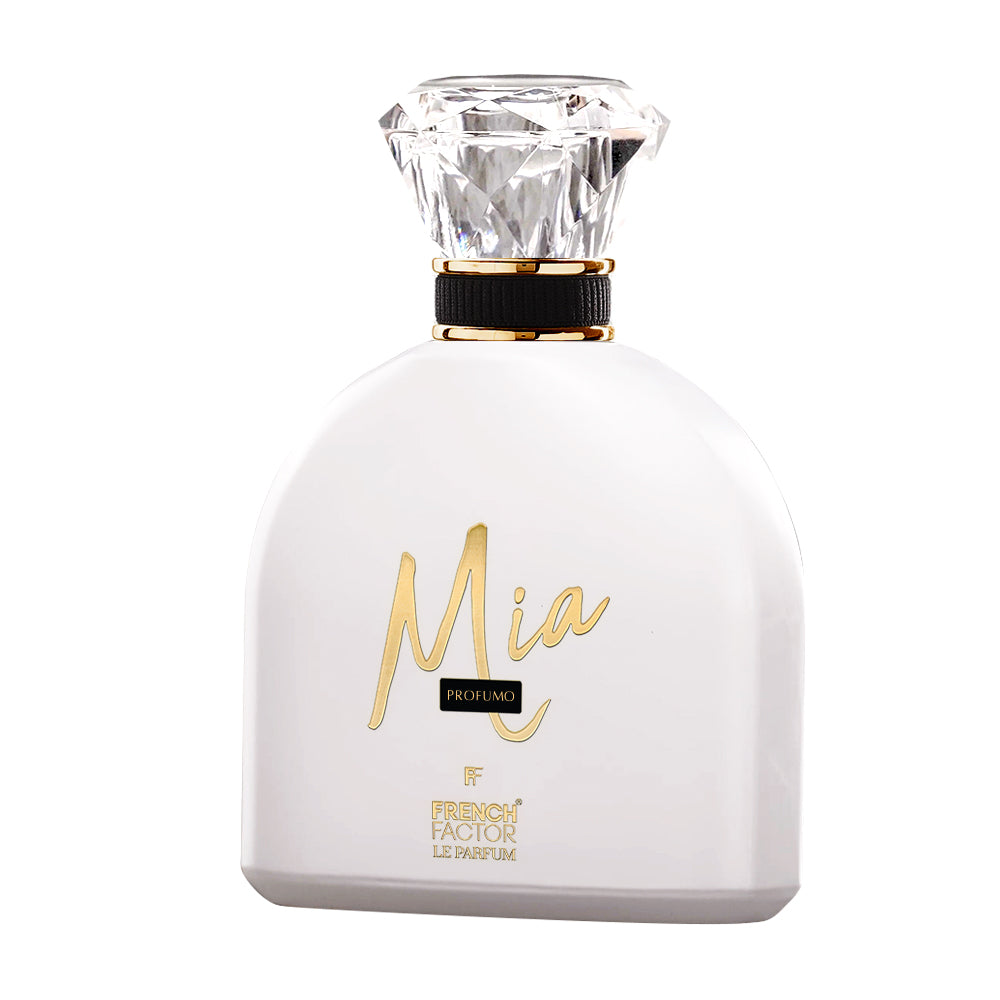 Paradime Enterprise LLC French Factor Mia Profumo Le Parfum in a white bottle with a faceted diamond-shaped cap.