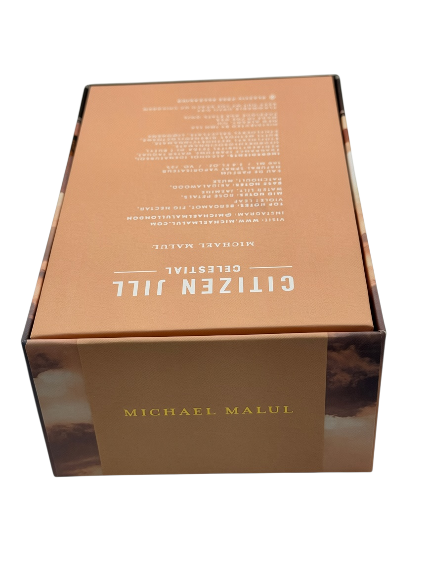 Paradime Enterprise LLC Michael Malul Citizen Jill Celestial perfume box with peach and cloud-themed packaging.