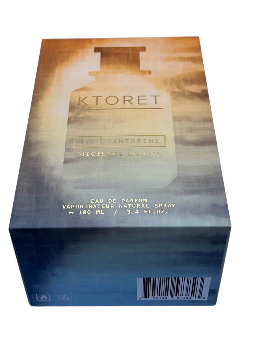 Paradime Enterprise LLC Michael Malul Ktoret 138 Santorini eau de parfum spray box with sunset and coastal imagery