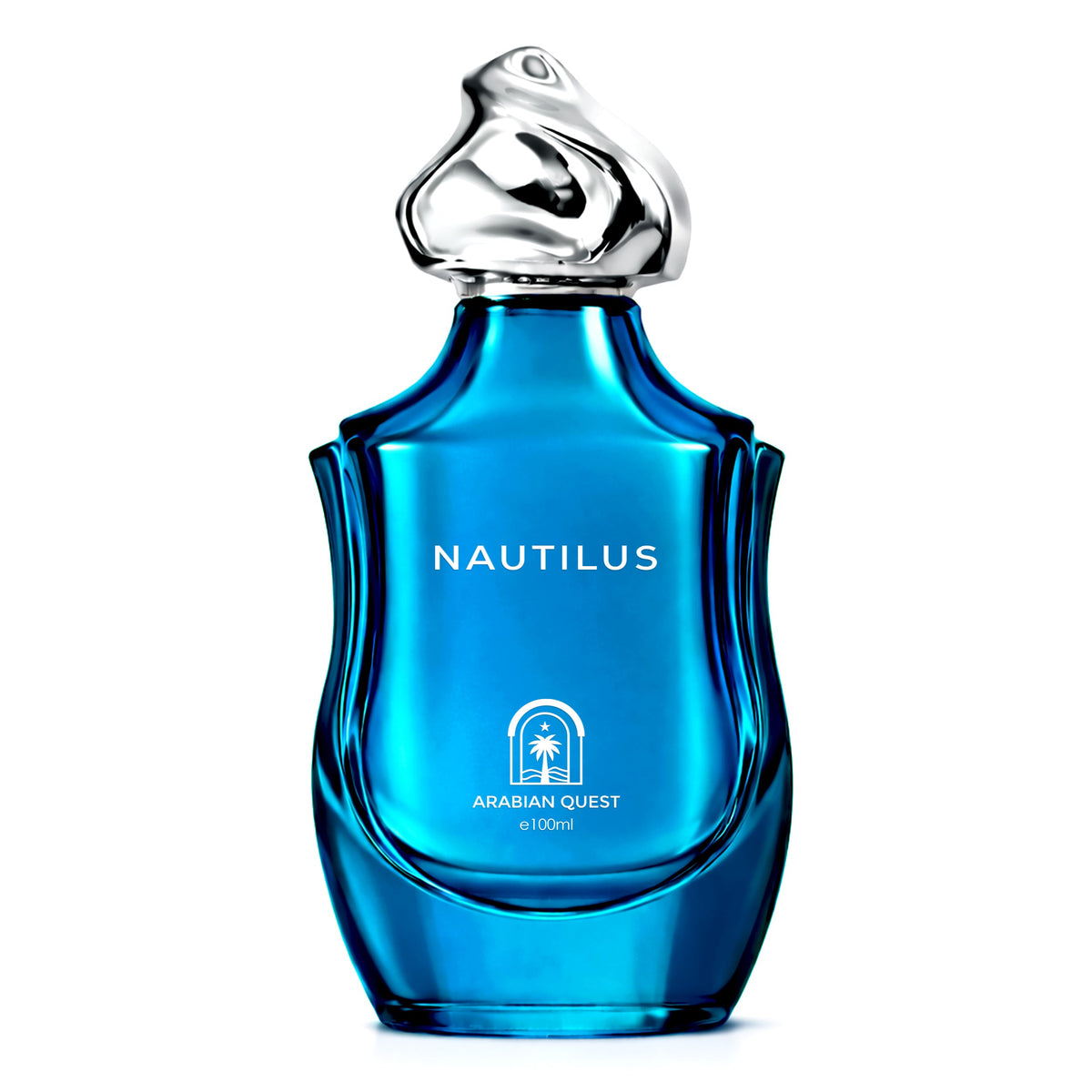 Paradime Enterprise LLC Nautilus Extrait De Parfum in a vibrant blue glass bottle with a unique silver sculptural cap.