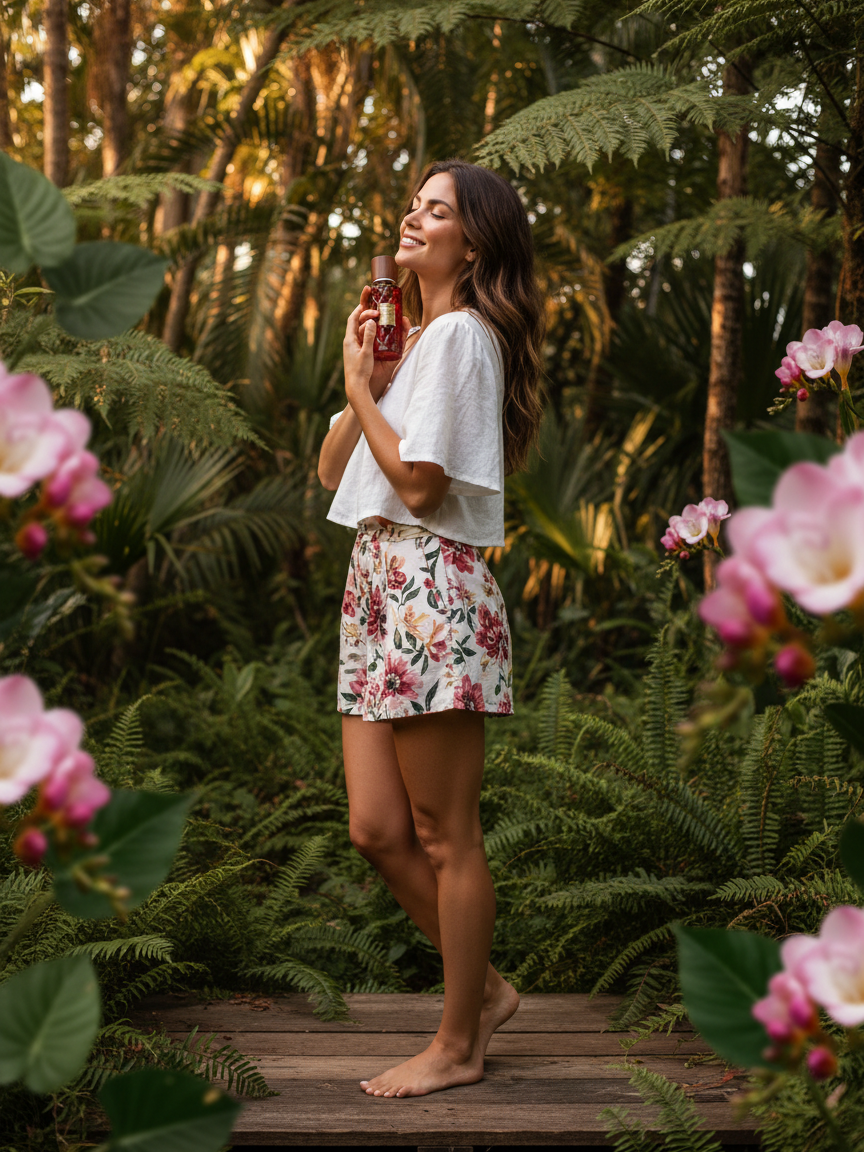 Paradime Enterprise LLC Indulgent Moments Nectarine & Blushing Freesia perfume held by a woman in a lush garden setting
