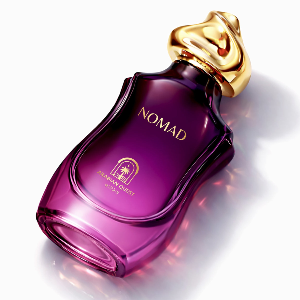 Paradime Enterprise LLC Nomad Extrait De Parfum by Arabian Quest in a deep purple glass bottle with a gold cap.