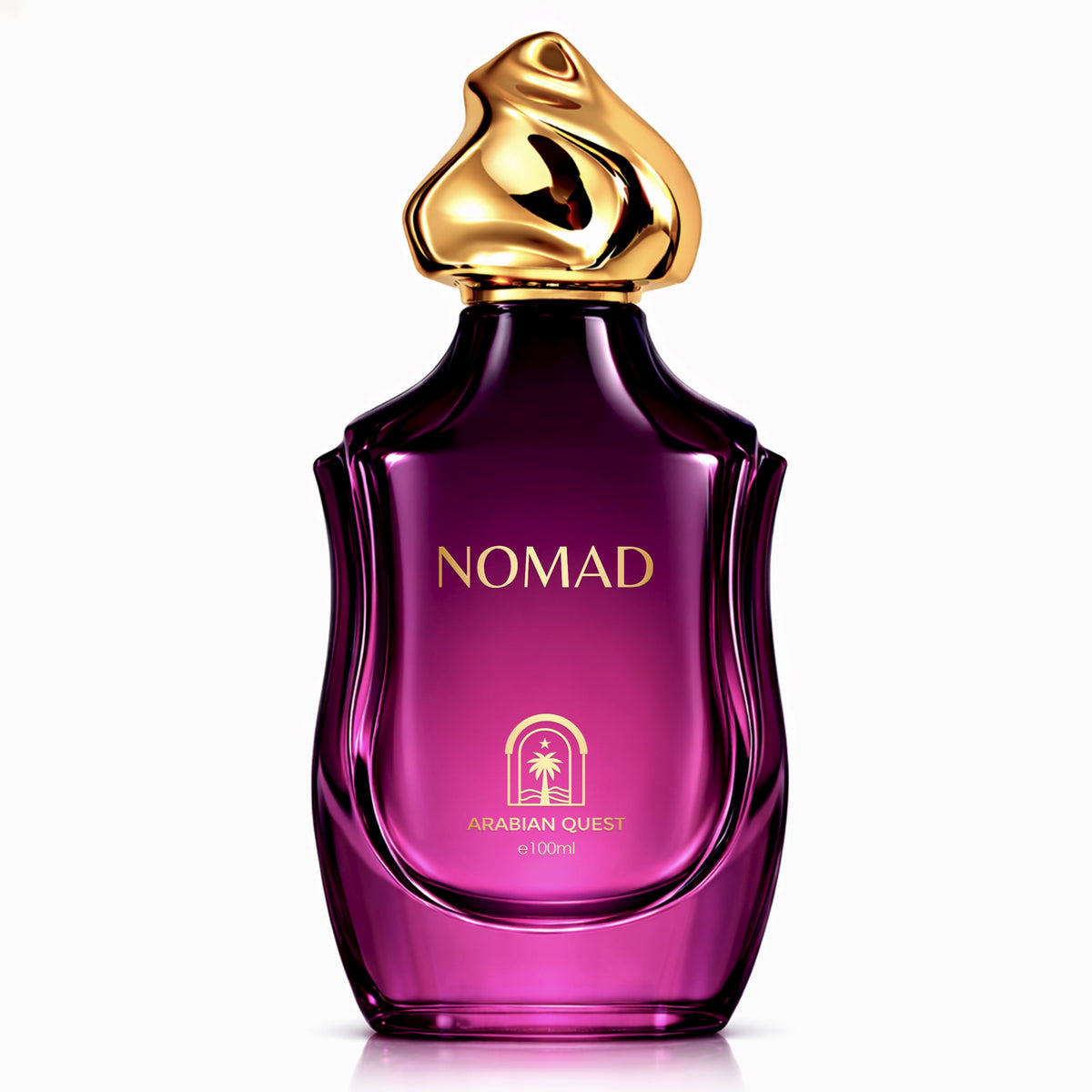 Paradime Enterprise LLC Nomad Extrait De Parfum in a deep purple glass bottle with a sculptural gold cap.