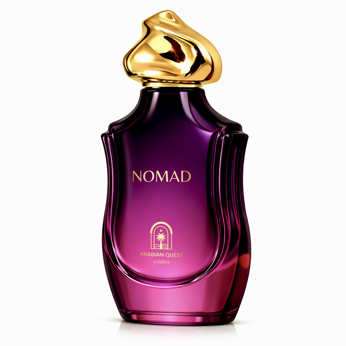 Paradime Enterprise LLC Nomad Extrait De Parfum in a deep purple glass bottle with a sculptural gold cap.