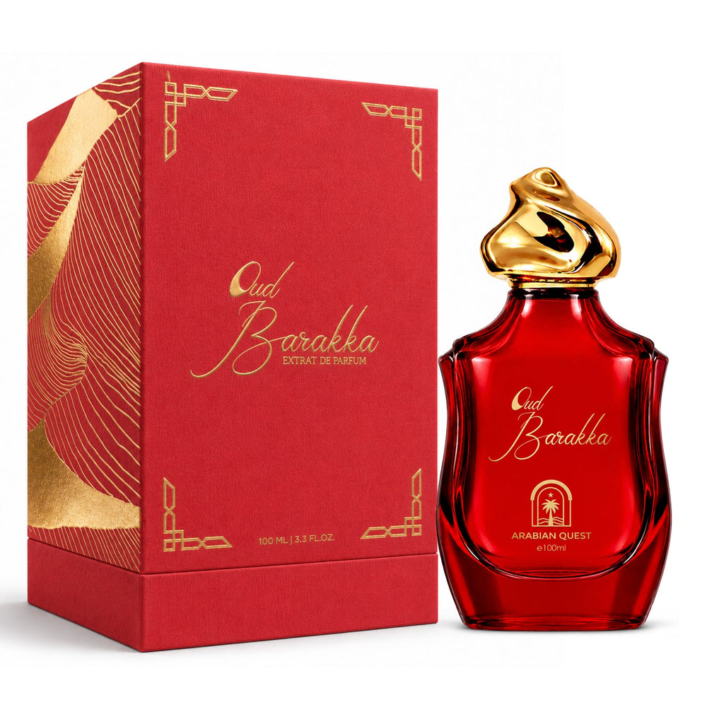 Paradime Enterprise LLC Arabian Quest Oud Barakka Extrait de Parfum in a red glass bottle with a gold cap and box.