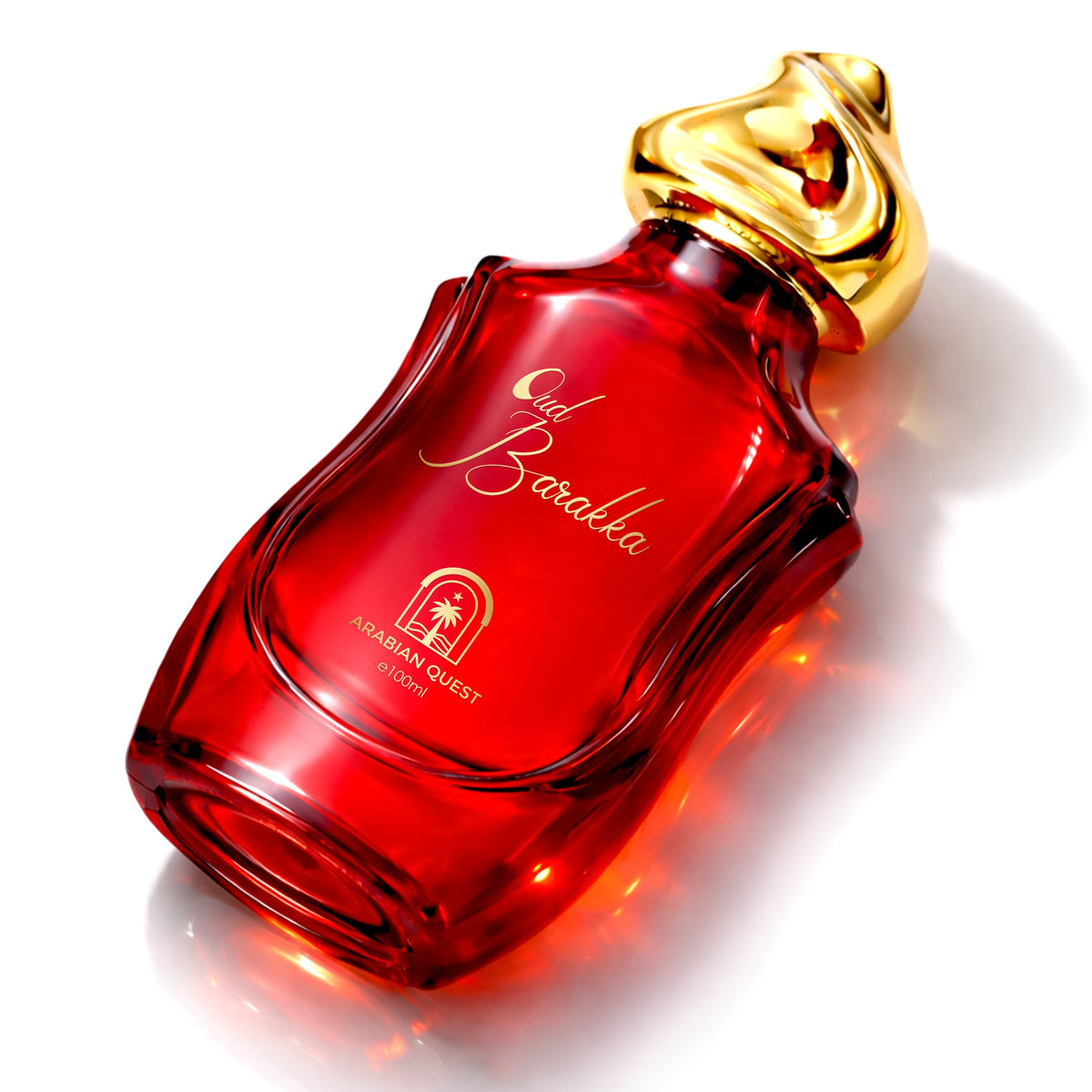 Paradime Enterprise LLC Arabian Quest Oud Barakka Extrait de Parfum in a vibrant red glass bottle with gold cap.