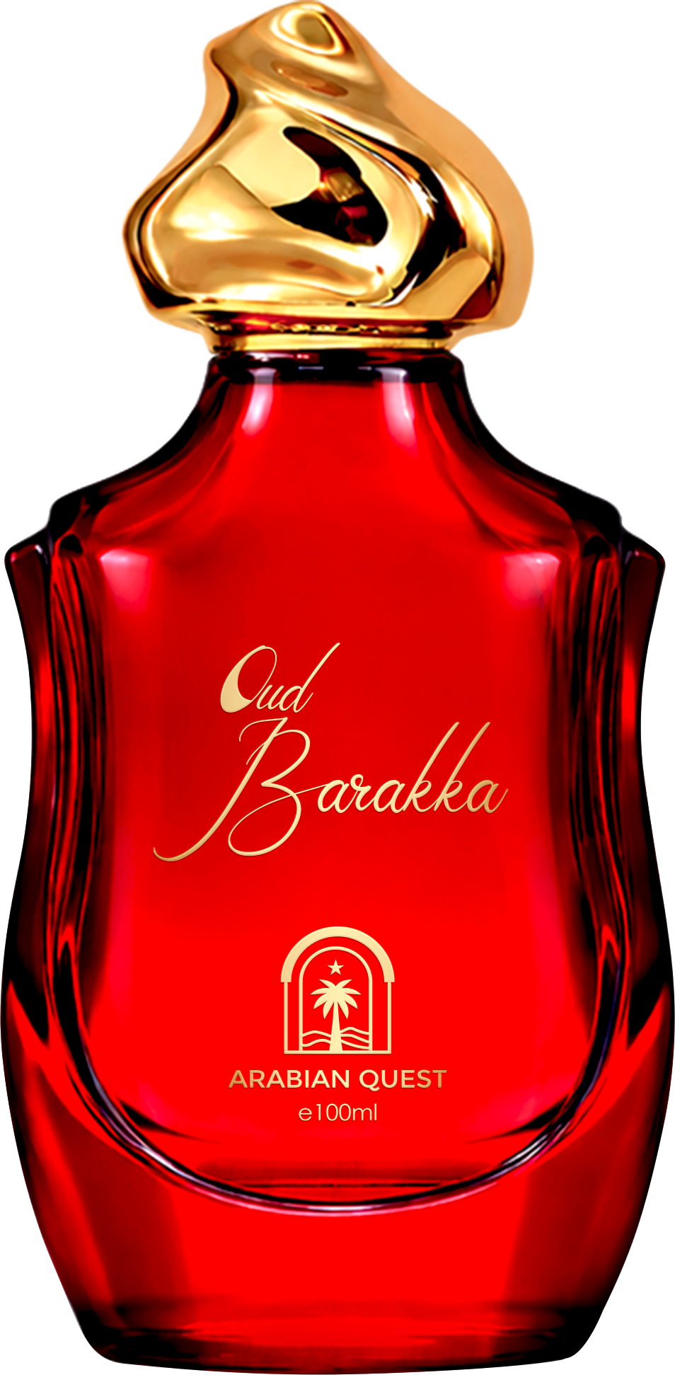 Paradime Enterprise LLC Arabian Quest Oud Barakka Extrait de Parfum in a vibrant red glass bottle with a gold cap.