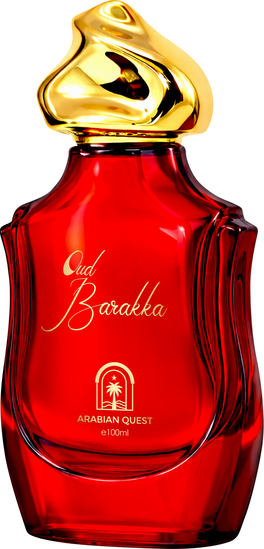 Paradime Enterprise LLC Arabian Quest Oud Barakka Extrait de Parfum in a vibrant red glass bottle with gold cap.