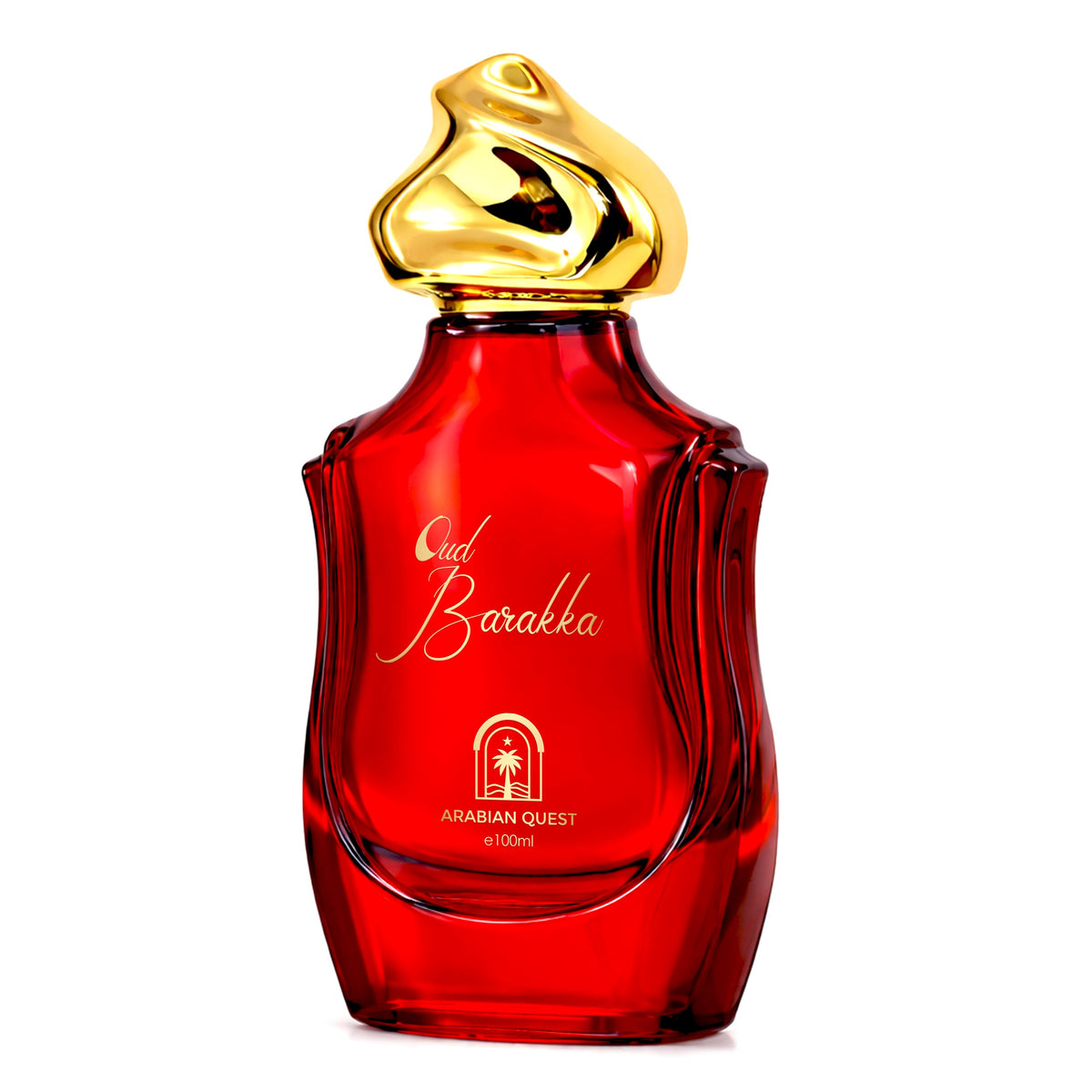 Paradime Enterprise LLC Arabian Quest Oud Barakka Extrait de Parfum in a vibrant red glass bottle with a gold cap.