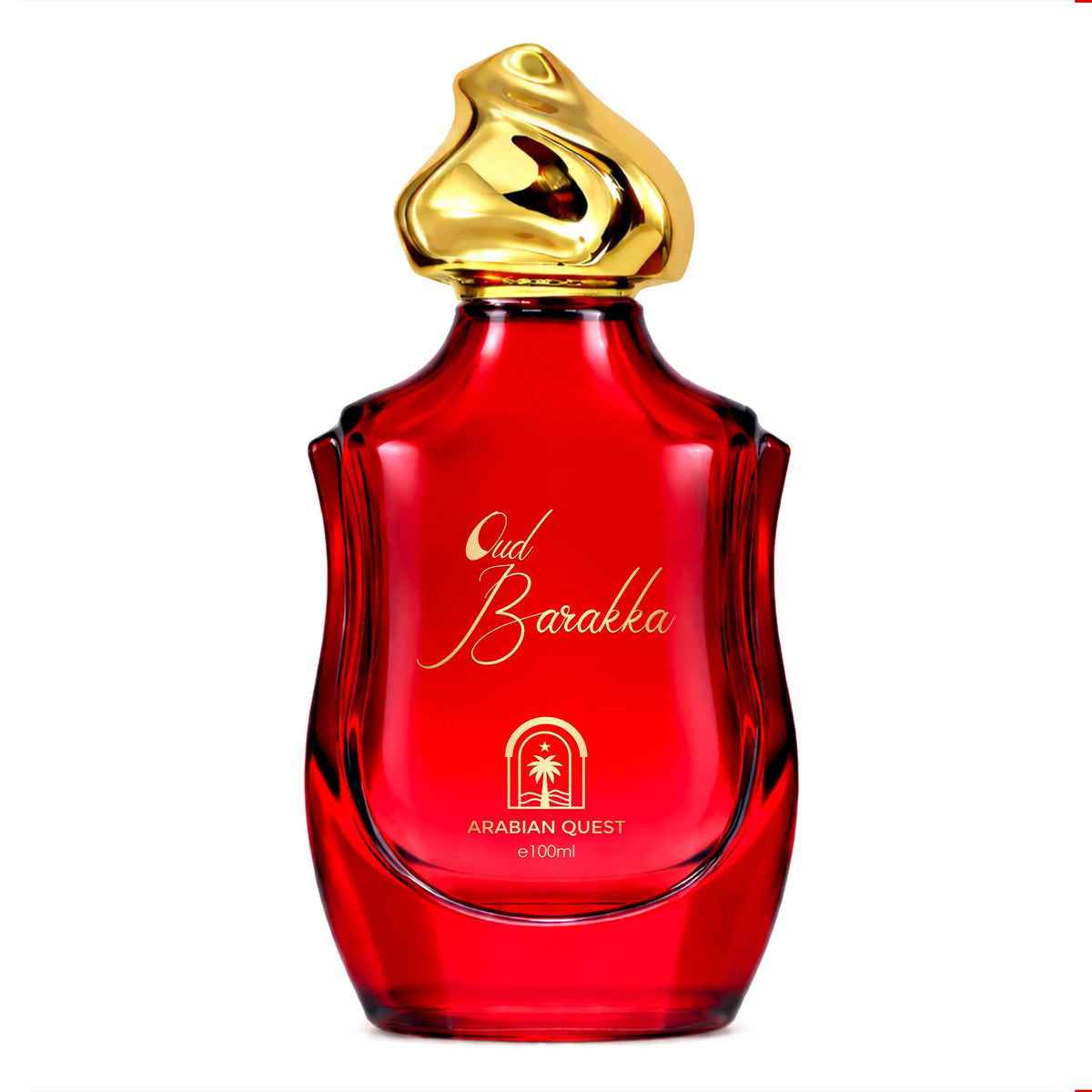 Paradime Enterprise LLC Arabian Quest Oud Barakka Extrait de Parfum in a vibrant red glass bottle with a gold cap.