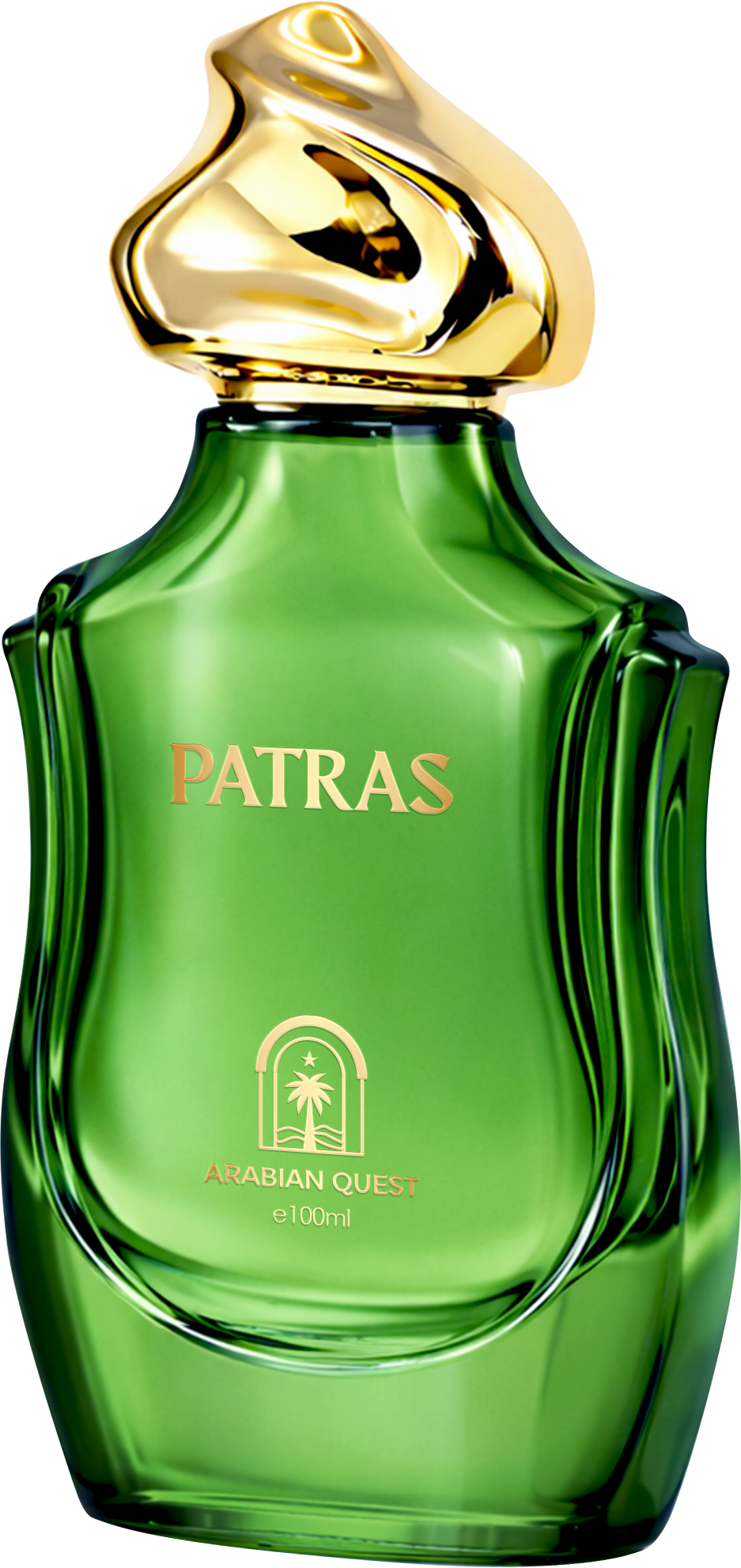 Paradime Enterprise LLC ARABIAN QUEST PATRAS unisex extrait de parfum in a green glass bottle with a gold cap.