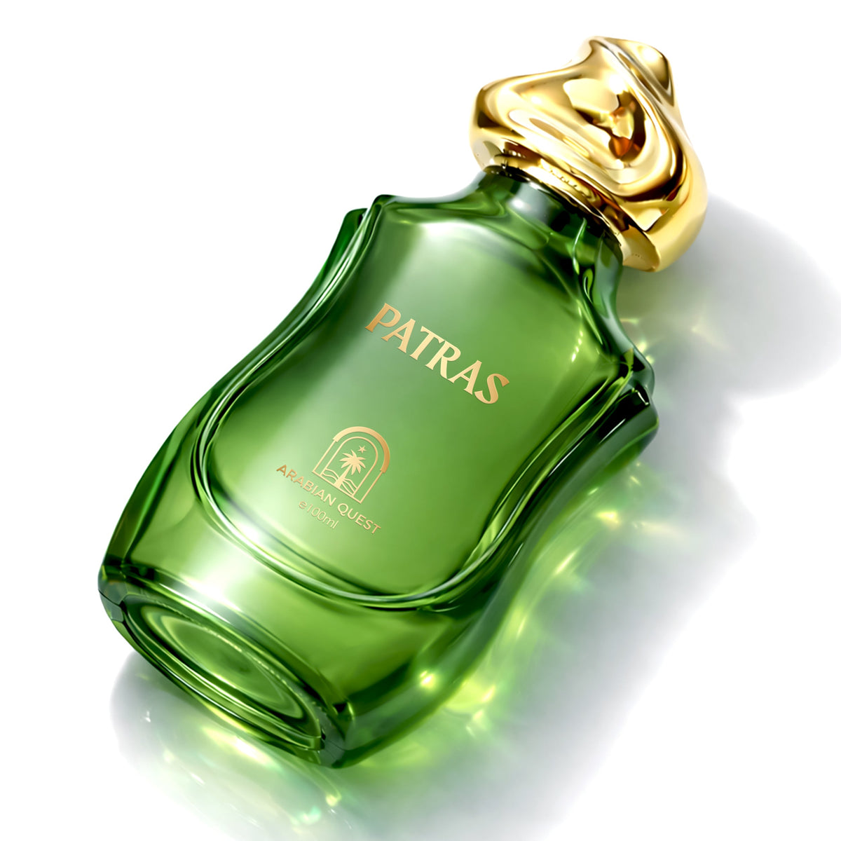 Paradime Enterprise LLC ARABIAN QUEST PATRAS unisex extrait de parfum in a green glass bottle with a gold cap.