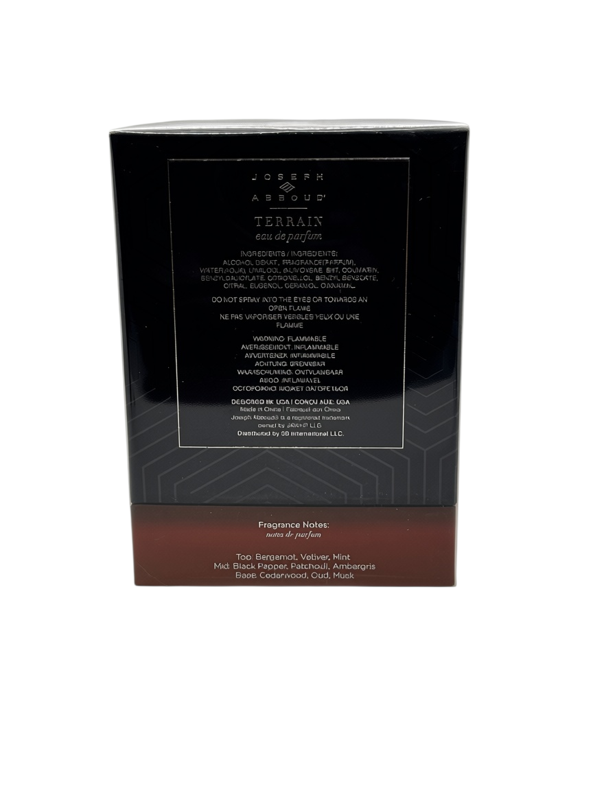 Paradime Enterprise LLC Joseph Abboud Terrain eau de parfum box back view with ingredient list and fragrance notes