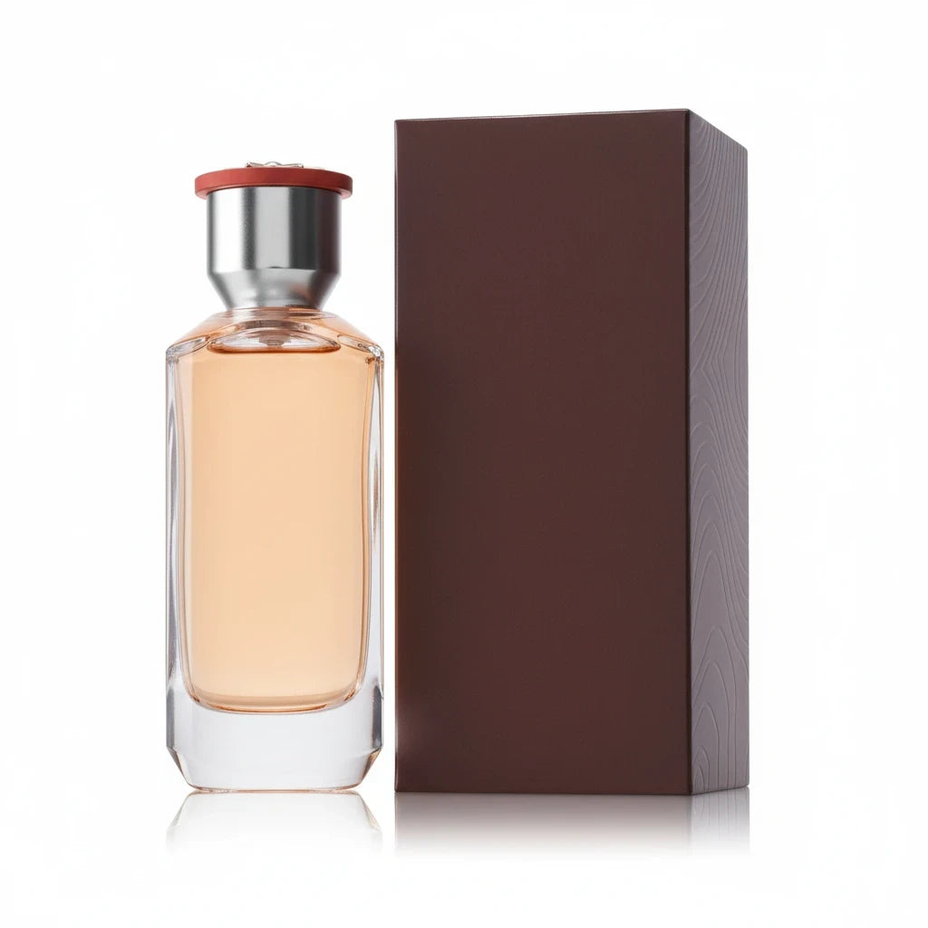 Paradime Enterprise LLC Wanderer Immortal Le Parfum in a clear glass bottle with a red cap next to a dark brown box.