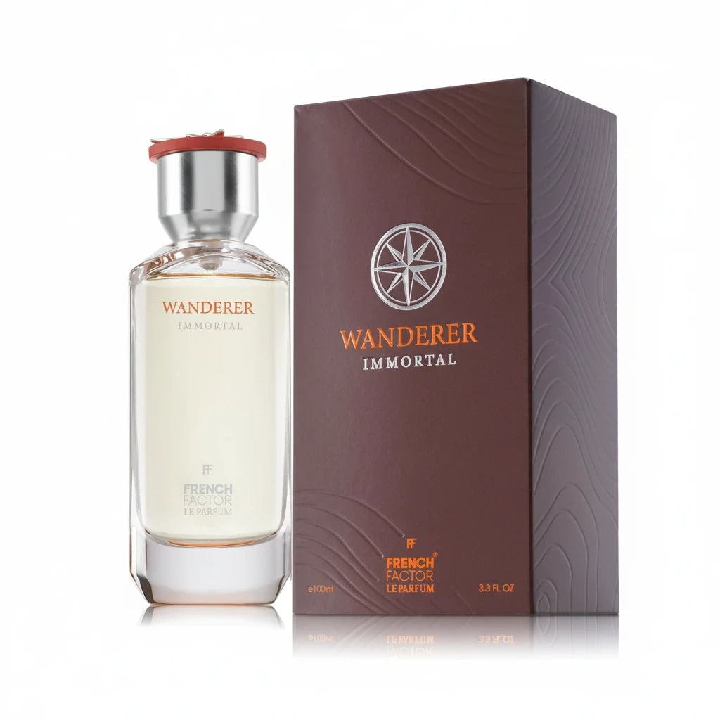 Paradime Enterprise LLC Wanderer Immortal Le Parfum 100ml bottle and dark textured box with aromatic woody scent