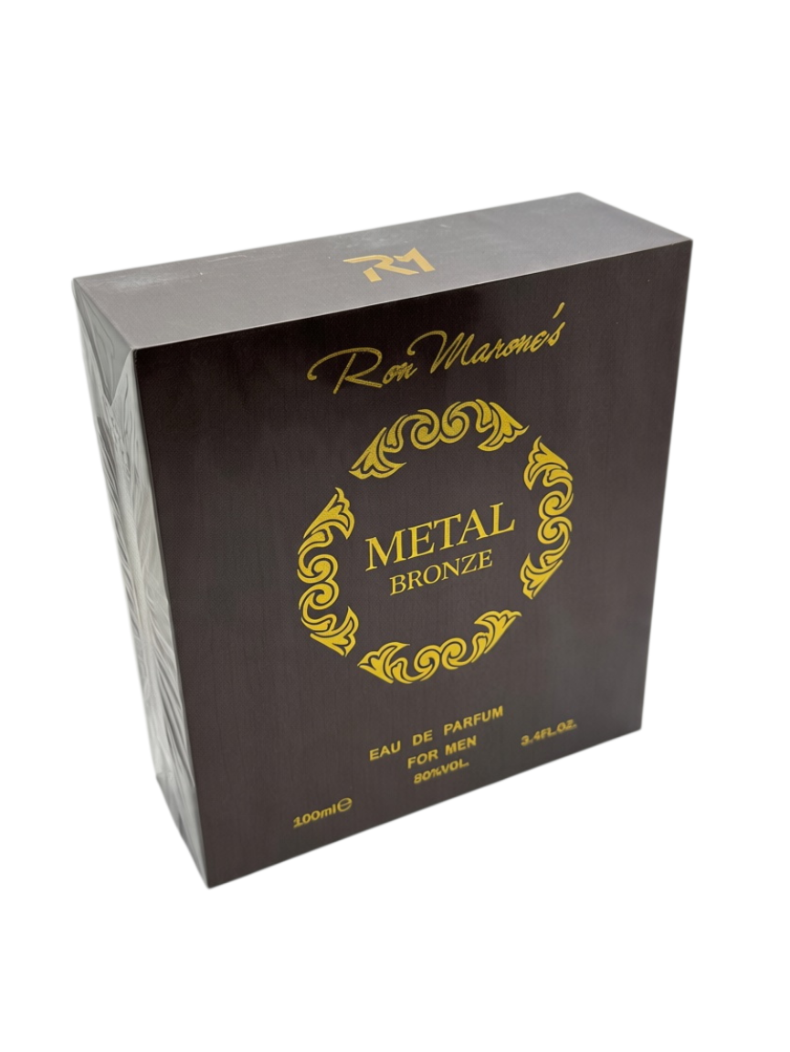 Ron Marone's Metal Bronze men's eau de parfum spray in a dark brown box with gold decorative lettering.